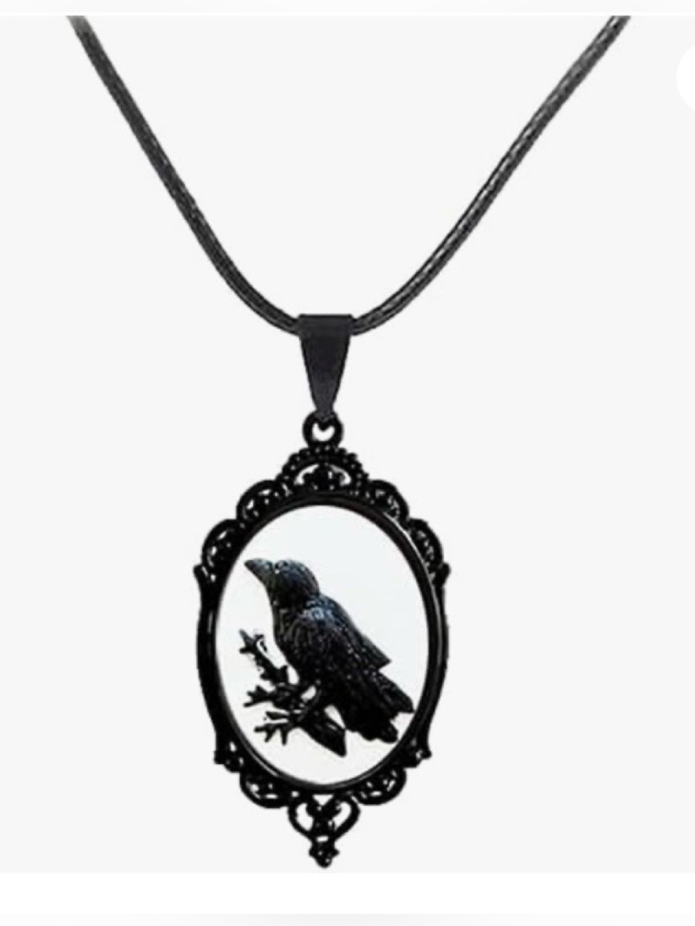 Black Metal Filigree Raven Glass Cameo Pendant Necklace